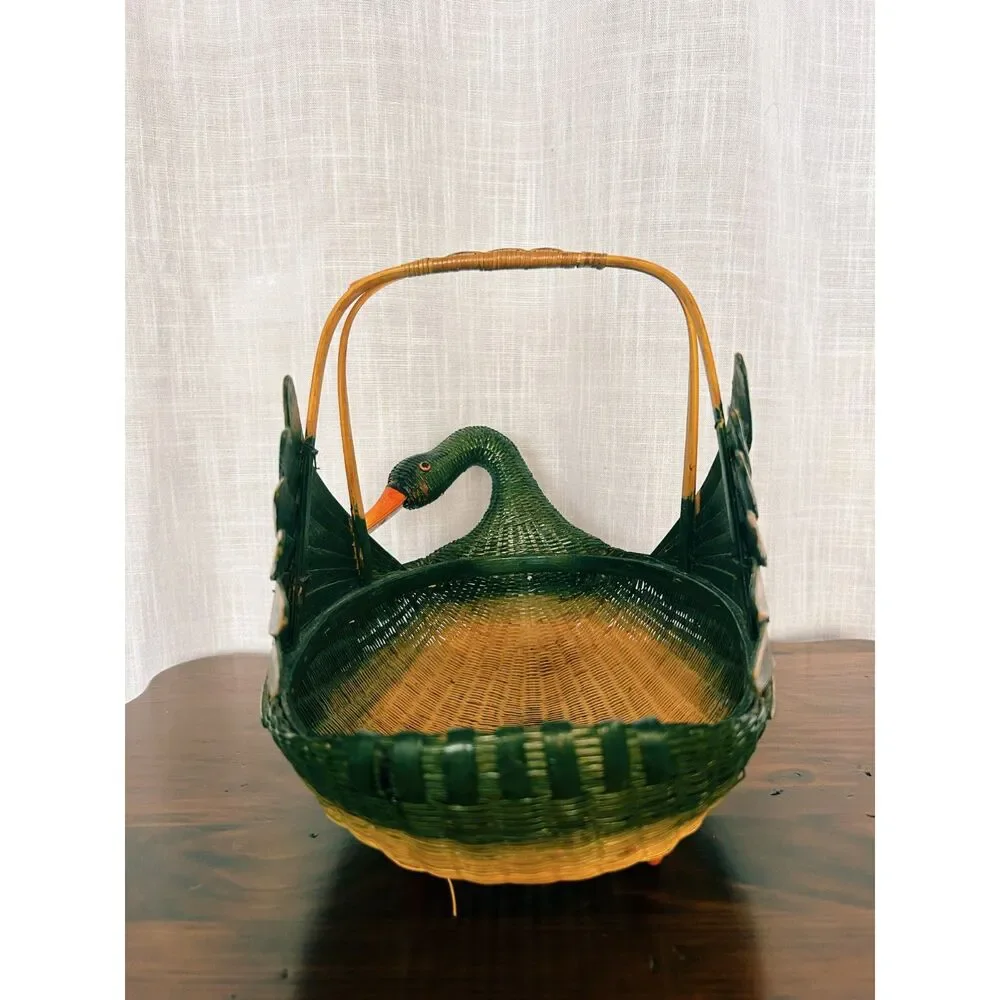 Vintage Chinese Hand-Woven Bamboo Duck Gathering Basket